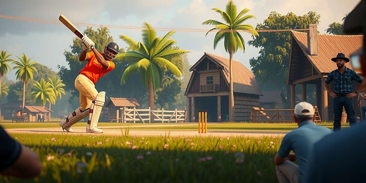 Mapusa Maestros gameplay showing batsman hitting a six in village cricket ground with spectators