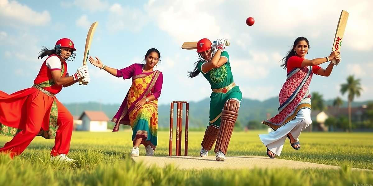 Concept art for upcoming women's cricket in Mapusa Maestros with female players in colorful traditional clothes